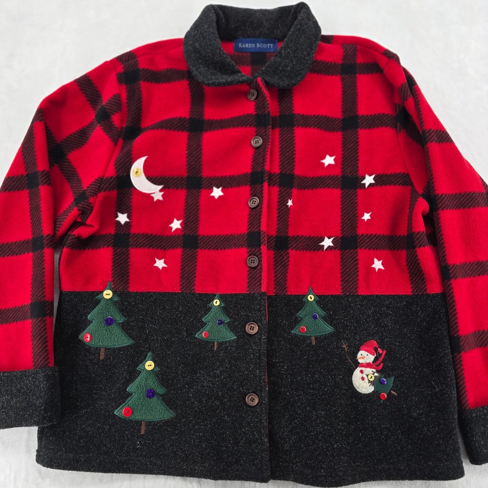 Karen Scott Fleece Jacket Womens L Button Up Red Black Plaid Christmas Snowman‎
